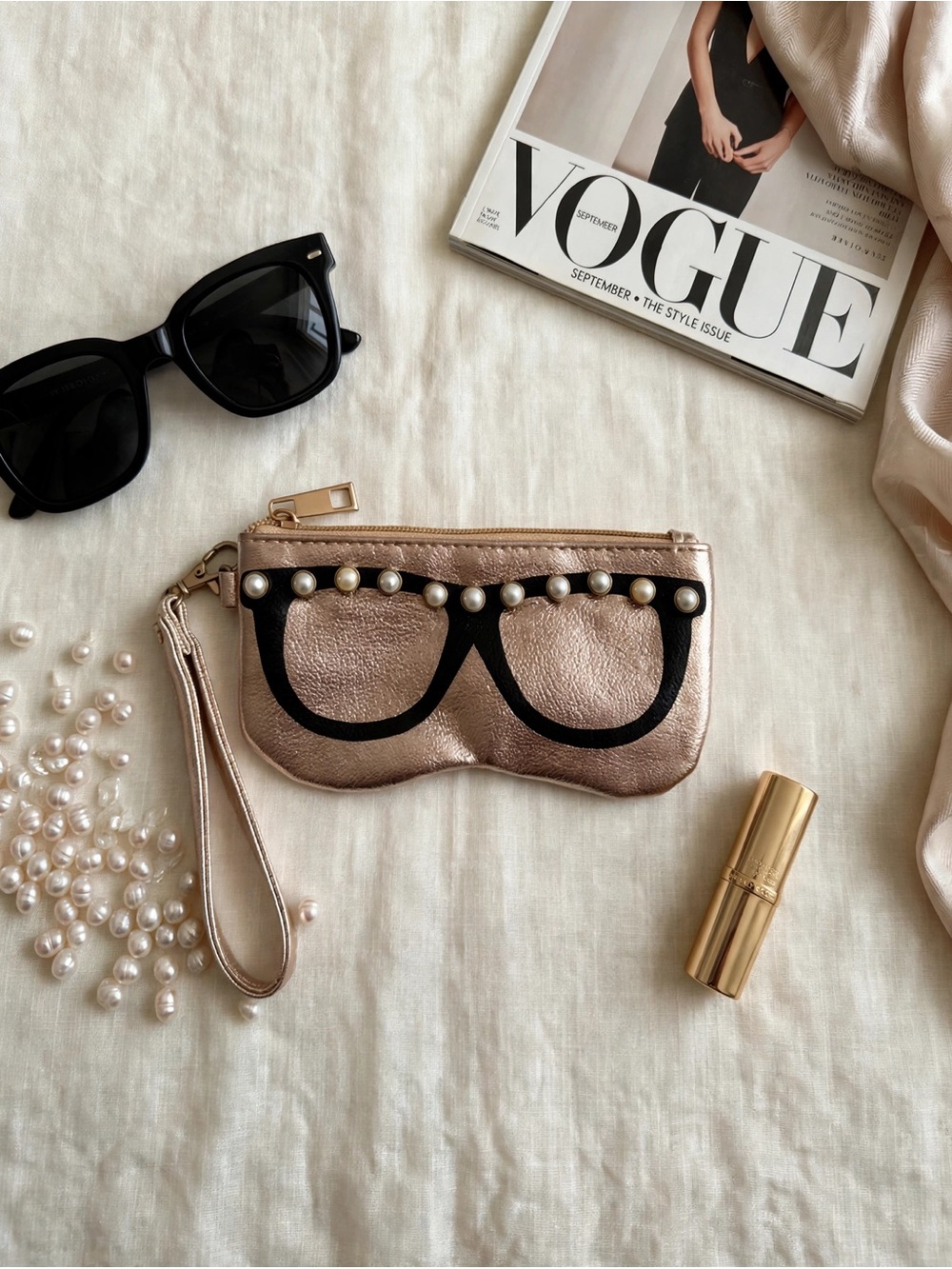 Pearl-Trim Metallic Pink Wristlet Sunglasses Pouch